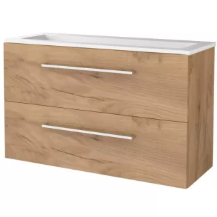 Basic line 46 Badkamermeubel met chrome grepen - 100 cm - Warm eiken - wastafel acryl zonder kraangat - zonder spiegel