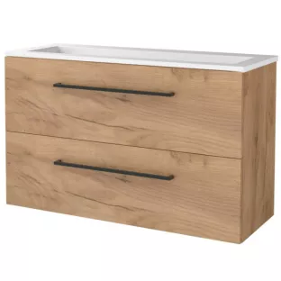 Basic line 46 Badkamermeubel met zwarte grepen - 100 cm - Warm eiken - wastafel acryl zonder kraangat - zonder spiegel