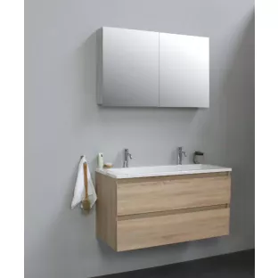 Sanilet badkamermeubel Rob - 100 cm breed - eiken - flatpack - met spiegelkast - wastafel wit acryl - 2 kraangaten