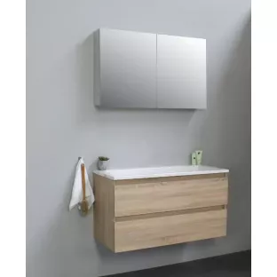 Sanilet badkamermeubel Rob - 100 cm breed - eiken - flatpack - met spiegelkast - wastafel wit acryl - 0 kraangaten
