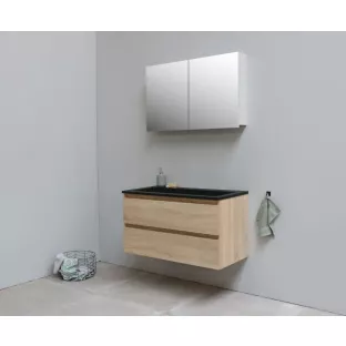 Sanilet badkamermeubel Rob - 100 cm breed - eiken - flatpack - met spiegelkast - wastafel zwart acryl - 0 kraangaten