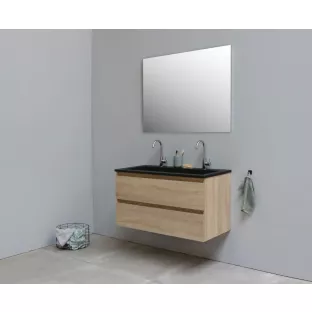 Sanilet badkamermeubel Rob - 100 cm breed - eiken - bouwpakket - zonder spiegel - wastafel zwart acryl - 2 kraangaten