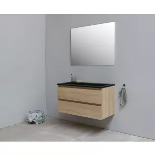 Sanilet badkamermeubel Rob - 100 cm breed - eiken - bouwpakket - zonder spiegel - wastafel zwart acryl - 0 kraangaten