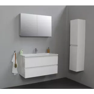 Sanilet badkamermeubel Rob - 100 cm breed - hoogglans wit - flatpack - met spiegelkast - wastafel wit acryl - 1 kraangat