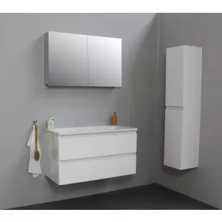 Sanilet badkamermeubel Rob - 100 cm breed - hoogglans wit - flatpack - met spiegelkast - wastafel wit acryl - 0 kraangaten