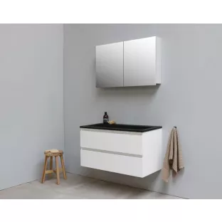 Sanilet badkamermeubel Rob - 100 cm breed - hoogglans wit - in elkaar gezet - met spiegelkast - wastafel zwart acryl - 0 kraangaten