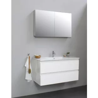 Sanilet badkamermeubel Rob - 100 cm breed - hoogglans wit - flatpack - met spiegelkast - wastafel porselein - 1 kraangat