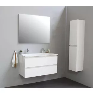 Sanilet badkamermeubel Rob - 100 cm breed - hoogglans wit - bouwpakket - met spiegel - wastafel wit acryl - 2 kraangaten