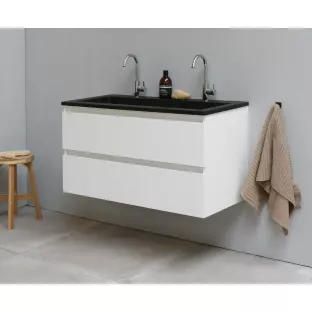 Sanilet badkamermeubel Rob - 100 cm breed - hoogglans wit - bouwpakket - zonder spiegel - wastafel zwart acryl - 2 kraangaten