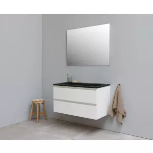 Sanilet badkamermeubel Rob - 100 cm breed - hoogglans wit - bouwpakket - zonder spiegel - wastafel zwart acryl - 0 kraangaten