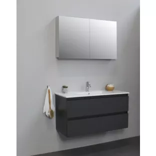 Sanilet badkamermeubel Rob - 100 cm breed - mat antraciet - flatpack - met spiegelkast - wastafel porselein - 1 kraangat