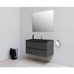 Sanilet badkamermeubel Rob - 100 cm breed - mat antraciet - bouwpakket - zonder spiegel - wastafel zwart acryl - 1 kraangat