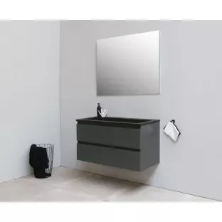 Sanilet badkamermeubel Rob - 100 cm breed - mat antraciet - bouwpakket - zonder spiegel - wastafel zwart acryl - 0 kraangaten