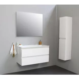 Sanilet badkamermeubel Rob - 100 cm breed - hoogglans wit - bouwpakket - met spiegel - wastafel wit acryl - 0 kraangaten