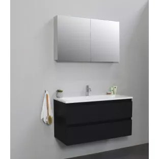 Sanilet badkamermeubel Rob - 100 cm breed - mat zwart - flatpack - met spiegelkast - wastafel wit acryl - 1 kraangat