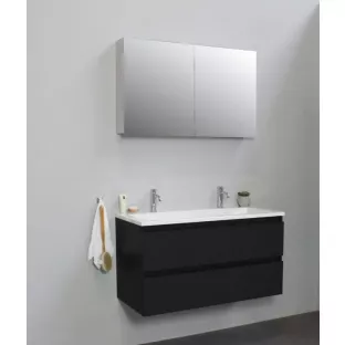 Sanilet badkamermeubel Rob - 100 cm breed - mat zwart - flatpack - met spiegelkast - wastafel wit acryl - 2 kraangaten