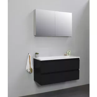 Sanilet badkamermeubel Rob - 100 cm breed - mat zwart - in elkaar gezet - met spiegelkast - wastafel wit acryl - 0 kraangaten