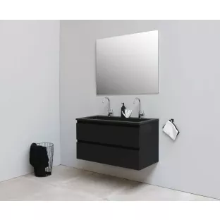 Sanilet badkamermeubel Rob - 100 cm breed - mat zwart - bouwpakket - zonder spiegel - wastafel zwart acryl - 2 kraangaten