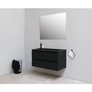 Sanilet badkamermeubel Rob - 100 cm breed - mat zwart - bouwpakket - zonder spiegel - wastafel zwart acryl - 0 kraangaten