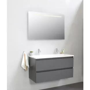Sanilet badkamermeubel Rob - 100 cm breed - mat antraciet - flatpack - met ledverlichting - wastafel wit acryl - 2 kraangaten