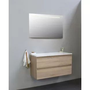 Sanilet badkamermeubel Rob - 100 cm breed - eiken - in elkaar gezet - met ledverlichting - wastafel wit acryl - 0 kraangaten