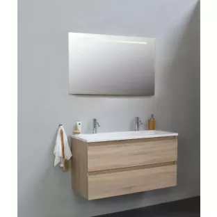 Sanilet badkamermeubel Rob - 100 cm breed - eiken - in elkaar gezet - met ledverlichting - wastafel wit acryl - 2 kraangaten