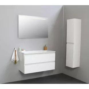 Sanilet badkamermeubel Rob - 100 cm breed - hoogglans wit - flatpack - met ledverlichting - wastafel wit acryl - 0 kraangaten
