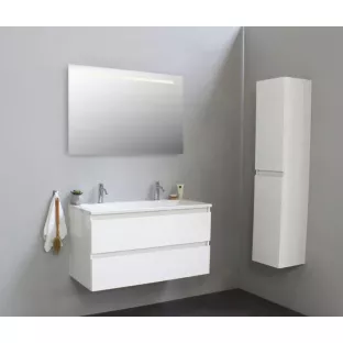 Sanilet badkamermeubel Rob - 100 cm breed - hoogglans wit - in elkaar gezet - met ledverlichting - wastafel wit acryl - 2 kraangaten