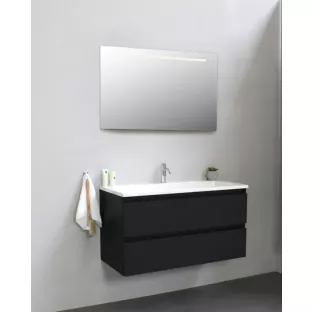 Sanilet badkamermeubel Rob - 100 cm breed - mat zwart - flatpack - met ledverlichting - wastafel wit acryl - 1 kraangat