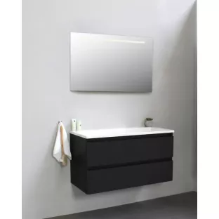Sanilet badkamermeubel Rob - 100 cm breed - mat zwart - flatpack - met ledverlichting - wastafel wit acryl - 0 kraangaten