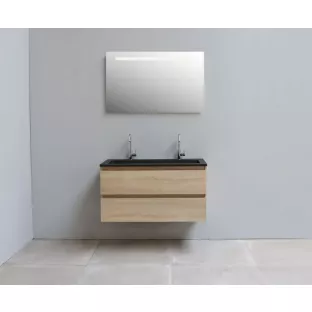 Sanilet badkamermeubel Rob - 100 cm breed - eiken - flatpack - met ledverlichting - wastafel zwart acryl - 2 kraangaten