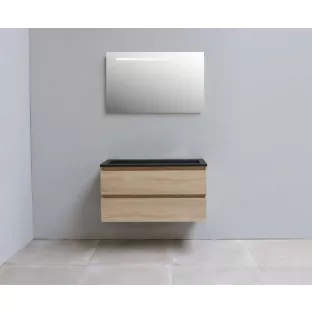 Sanilet badkamermeubel Rob - 100 cm breed - eiken - flatpack - met ledverlichting - wastafel zwart acryl - 0 kraangaten
