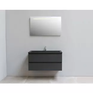 Sanilet badkamermeubel Rob - 100 cm breed - mat antraciet - flatpack - met ledverlichting - wastafel zwart acryl - 1 kraangat