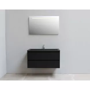 Sanilet badkamermeubel Rob - 100 cm breed - mat zwart - flatpack - met ledverlichting - wastafel zwart acryl - 1 kraangat