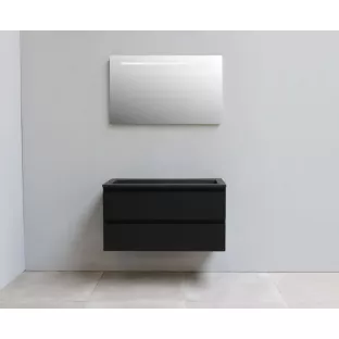 Sanilet badkamermeubel Rob - 100 cm breed - mat zwart - flatpack - met ledverlichting - wastafel zwart acryl - 0 kraangaten
