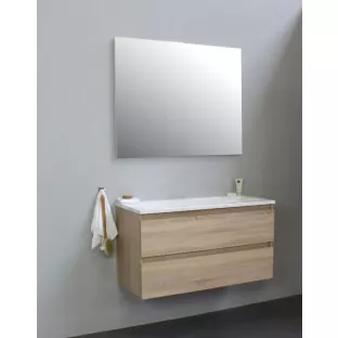 Sanilet badkamermeubel Rob - 100 cm breed - eiken - bouwpakket - met spiegel - wastafel wit acryl - 0 kraangaten