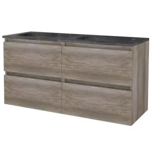 Basic line 46 Badkamermeubel greeploos - 120 cm 4 laden - Donker eiken - wastafel natuursteen 1 kraangat - zonder spiegel