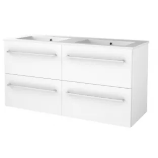 Basic line 46 Badkamermeubel met chrome grepen - 120 cm 4 laden - Glans wit - wastafel porselein 1 kraangat - zonder spiegel