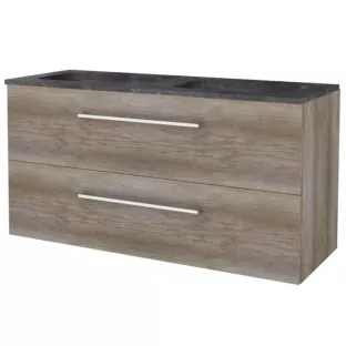 Basic line 46 Badkamermeubel chrome grepen - 120 cm 2 laden - Donker eiken - wastafel natuursteen zonder kraangat - zonder spiegel