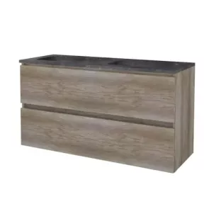 Basic line 46 Badkamermeubel greeploos - 120 cm 2 laden - Donker eiken - wastafel natuursteen 1 kraangat - zonder spiegel