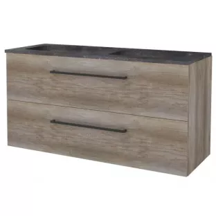 Basic line 46 Badkamermeubel zwarte grepen - 120 cm 2 laden - Donker eiken - wastafel natuursteen 1 kraangat - zonder spiegel