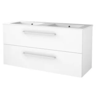 Basic line 46 Badkamermeubel met chrome grepen - 120 cm 2 laden - Glans wit - wastafel porselein 1 kraangat - zonder spiegel