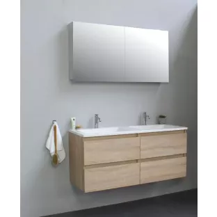 Sanilet badkamermeubel Rob - 120 cm breed - eiken - in elkaar gezet - met spiegelkast - wastafel wit acryl - 2 kraangaten