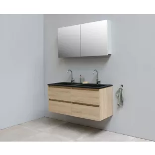 Sanilet badkamermeubel Rob - 120 cm breed - eiken - flatpack - met spiegelkast - wastafel zwart acryl - 2 kraangaten