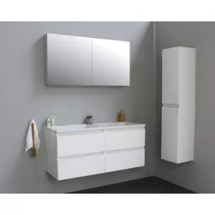 Sanilet badkamermeubel Rob - 120 cm breed - hoogglans wit - flatpack - met spiegelkast - wastafel wit acryl - 0 kraangaten