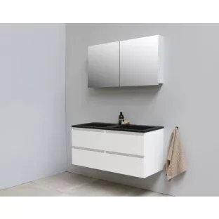 Sanilet badkamermeubel Rob - 120 cm breed - hoogglans wit - flatpack - met spiegelkast - wastafel zwart acryl - 0 kraangaten