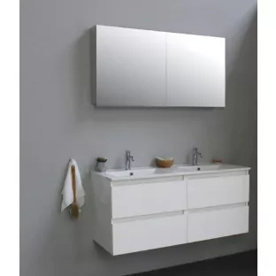 Sanilet badkamermeubel Rob - 120 cm breed - hoogglans wit - flatpack - met spiegelkast - wastafel porselein - 1 kraangat