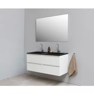 Sanilet badkamermeubel Rob - 120 cm breed - hoogglans wit - bouwpakket - zonder spiegel - wastafel zwart acryl - 2 kraangaten