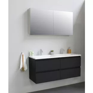 Sanilet badkamermeubel Rob - 120 cm breed - mat zwart - in elkaar gezet - met spiegelkast - wastafel wit acryl - 2 kraangaten