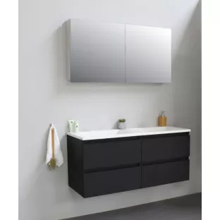 Sanilet badkamermeubel Rob - 120 cm breed - mat zwart - flatpack - met spiegelkast - wastafel wit acryl - 0 kraangaten